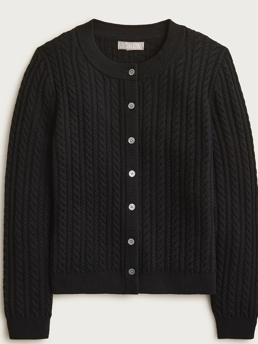 J.Crew Cable-Knit Crewneck Black Merino Wool Cardigan Size Medium, Nwt